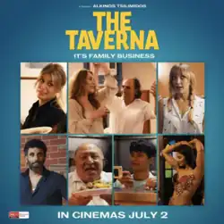 A blue gradient background with a collage of the film's actors. A caption above reads "The Taverna", and below "In Cinemas July 2".