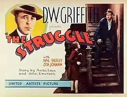 Theatrical poster showing a man and woman engaged in conversation on a staircase