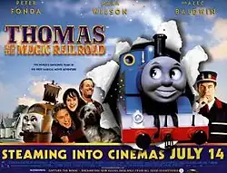 Thomas is seen speeding through the poster. The films live-action character, including Diesel 10 are also seen in the poster. The films logo title along with the cast are depicted at the top.