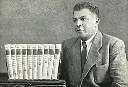 David Tidhar with Encyclopedia of the Founders and Builders of Israel volumes