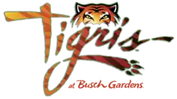 A script text "Tigris" in an orange gradient, trimmed in green, with sublimated tiger stripes. The tail of the "g" curls around and ends in a paw print. An illustration of the top half of the head of a tiger, featuring its eyes, sits atop the script. The words "at Busch Gardens" are in red, tucked into the lower right corner.