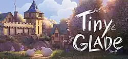 Cosy medieval-style cottage and castle with two fluffy sheep next to the title Tiny Glade