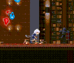 Slowed, video excerpt clip of Touhou Luna Nights gameplay. Protagonist Sakuya Izayoi traverses through a large library and encounters a hostile enemy, who is donning knight armor. As the knight begins to attack, Sakuya begins retreating while discharging several knives towards the foe.