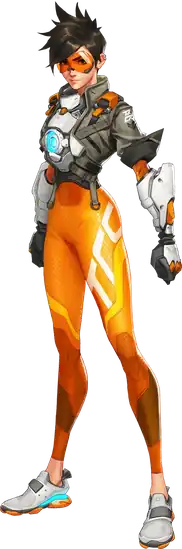 An illustration of a young, Caucasian woman with spiky, brown hair. She is wearing orange goggles over her eyes, a brown jacket, a blue lamp on her abdomen, brown gloves and orange leggings. There is some augmentation of the arms. She stands slightly angled, but facing the viewer with both of her hands clenched into fists and arms straight down to her sides.