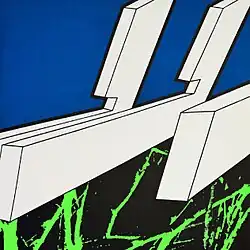 Three white L-shaped blocks, where the longer sides point left. In the background, it is blue on the top, and is black with green smears on the bottom.