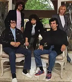 The Traveling Wilburys in May 1988 (top: Jeff Lynne, Tom Petty; bottom: Roy Orbison, Bob Dylan, George Harrison)
