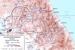 Diagram of the UN Counteroffensive between February and April 1951, details the United Nations advance as described in the text