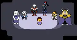 Pixel art video game. Seven monsters of differing colors and proportions form a semicircle around Frisk, a human.
