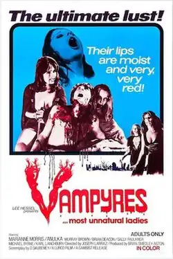 Exploitation-style movie poster with women in provocative poses with blood imagery, bold red lettering, and the tagline "Their lips are moist and very, very red!" against a blue background