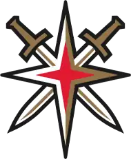 A four-pointed red star, with a white and gold inner border and black outer border. Underneath the star are two crossed swords with gold hilts and a black outline.
