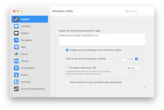 Screenshot of VoiceOver Utility settings.
