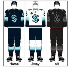The Seattle Kraken's three uniforms: home (dark blue), away (white), and alternate (black)