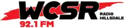 Brush of red paint and text reading "WCSR Radio Hillsdale 92.1 FM"
