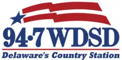 Simplified American flag with text reading "94.7 WDSD Delaware"s Country Station"