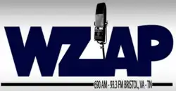 Blue connected letters spelling "WZAP" and an old time radio microphone