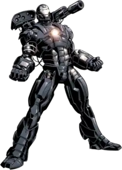 A full body suit of armor sims several guns attached to it