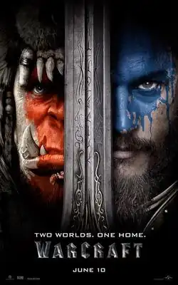 Two faces divided by a large sword, on the left a fang toothed orc with red face paint, on the right a bearded man with blue face paint.