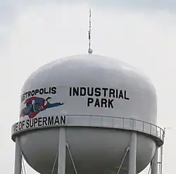 Metropolis water tower with "Home of Superman" on the side