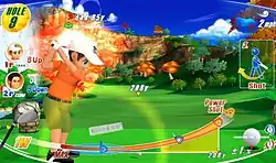 This screenshot shows two characters in a match with one actively golfing, performing a Power Shot with the Wii Remote. The game's interface displays multiple elements, including the wind speed in miles per hour, the current hole, the golf club used, the Power Gauge, and distance from the hole.