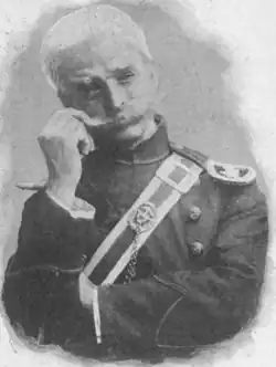 White man with white hair and large white moustache, in military uniform