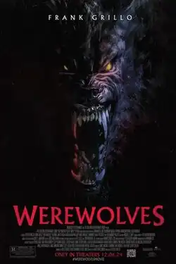 The face of a werewolf with yellow eyes and a long open mouth, bathed in red and blue light.