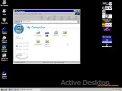Windows 95 OSR1 Desktop with the Windows Desktop Update, after installing Internet Explorer 4. Note that the Active Desktop, the Channel Guide, the Quick Launch bar and Web View are present. These features later became available by default in its successor, Windows 98.