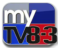 A rounded rectangle divided into blue, red, and gray parts with the word "my" in white, the letters "T V" in the lower left", and a black "8 - 3" in the lower right.