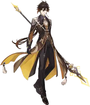 Official artwork of Zhongli, holding his polearm in his left hand
