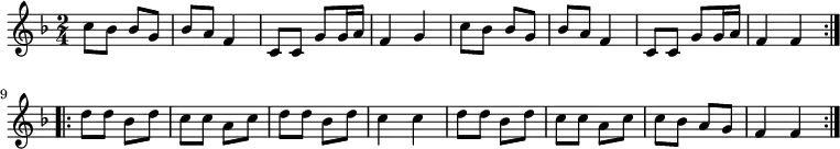 
\relative a' { 
\key f \major
\time 2/4 
\tempo ""
\tempo 4 = 120
\repeat volta 2 {
c8 bes bes g
bes a f4
c8 c g' g16 a 
f4 g
c8 bes bes g
bes a f4
c8 c g' g16 a 
f4 f}
\repeat volta 2 {
d'8 d bes d
c c a c
d d bes d
c4 c
d8 d bes d
c c a c
c bes a g
f4 f}
}
