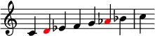  {
\override Score.TimeSignature #'stencil = ##f
\relative c' { 
  \clef treble \time 7/4
  c4 \once \override NoteHead.color = #red d es f g \once \override NoteHead.color = #red aes bes c
} }
