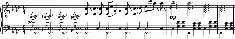 
 \relative b' {
  \new PianoStaff <<
   \new Staff { \key f \minor \time 3/4
    \tempo \markup {
     \column {
 }
   }
        s32 \slashedGrace b,8( c2.) \slashedGrace b8( c2.) \slashedGrace b8( c2.) \slashedGrace b8( c2.) <ees c'>8 r <ees c'>4. <ees c'>8 <ees c'>( ees' aes,4) aes <ees c'>8 r <ees c'>4. des'8 ees c' aes r aes r <des, ees g bes>2.\pp <c ees aes> <g bes des f> <aes c ees>
   }
   \new Dynamics {
    s\p
    }
   \new Staff { \key f \minor \time 3/4 \clef bass
    <<
      { s32 \slashedGrace d,,8( <ees aes,>2.) \slashedGrace d8( <ees aes,>2.) \slashedGrace d8( <ees aes,>2.) \slashedGrace d8( <ees aes,>2.) ees2 ees4 ees2 ees4 ees2 ees4 ees2 ees4 }
    \\
      { s32 \slashedGrace s8 s2. \slashedGrace s8 s2. \slashedGrace s8 s2. \slashedGrace s8 s2. aes, aes aes aes ees'4 <g des'> <g des'> aes, <ees' aes c> <ees aes c> ees4 <g des'> <g des'> aes, <ees' aes c> <ees aes c> }
    >>
      }
  >>
 }
