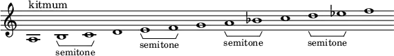 \new Staff \with { \consists Horizontal_bracket_engraver \remove "Time_signature_engraver" \remove "Bar_engraver" } \relative c' {
a1^"kitmum" b -\tweak HorizontalBracketText.text "semitone" \startGroup c\stopGroup d e-\tweak HorizontalBracketText.text "semitone"\startGroup f\stopGroup g a-\tweak HorizontalBracketText.text "semitone" \startGroup bes\stopGroup c d-\tweak HorizontalBracketText.text "semitone" \startGroup es\stopGroup f}