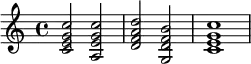 {
\relative c' {
\clef treble
\time 4/4
\key c \major
<c e g c>2 <a e' g c> <d f a d> <g, d' f b> <c e g c>1
} }
