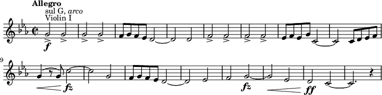  {\new PianoStaff {<<

\new Staff \relative c'{\set Staff.midiInstrument=#"string ensemble 1" \time 2/2 \set Score.tempoHideNote = ##t \tempo "Allegro" 4=200 \autoBeamOff \clef treble \key c \minor ^"Violin I" ^\markup {sul G, \italic "arco"}|\f g'2-> g2->|g2-> g2->|f8[ g8 f8 ees8] d2~|d2 d2|f2-> f2->|f2-> f2->|ees8[ f8 ees8 g8] c,2~|c2 c8[ d8 ees8 f8]|\< g4( r8 g8) c2~ \fz|c2 g2|f8[ g8 f8 ees8] d2~|d2 ees2|f2 g2~ \fz|\< g2 ees2|d2 \ff c2~|c2. r4|}>>}}