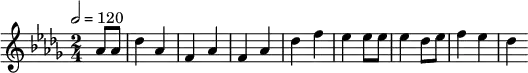 \relative c'' {
\set Staff.midiInstrument = #"orchestra section"
\tempo 2 = 120
\key des \major
\time 2/4
\partial 4 as8 as | des4 as | f as | f as | des f | es es8 es | es4 des8 es | f4 es | des
}