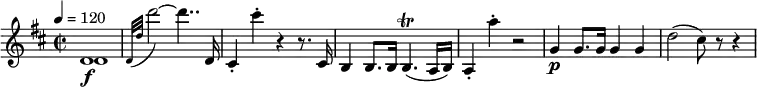 
\relative c' { \set Staff.midiInstrument = "string ensemble 1"
%  \override Score.NonMusicalPaperColumn #'line-break-permission = ##f
%  \version "2.18.2"
%  \tempo "Allegro con spirito"
  \key d \major
  \time 2/2
  \tempo 4 = 120
  <<
    { d1\f | } \\
    { d1 | }
  >>
  \appoggiatura { d32[ d'] } d'2~ d4.. d,,16 |
  cis4-. cis''-. r r8. cis,,16 |
  b4 b8. b16 b4.\trill( a16 b) |
  a4-. a''-. r2 |
  g,4\p g8. g16 g4 g |
  d'2( cis8) r r4
}
