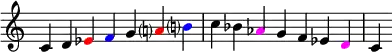  {
\override Score.TimeSignature #'stencil = ##f
\relative c' { 
  \clef treble \time 7/4
  c4 d \once \override NoteHead.color = #red es \once \override NoteHead.color = #blue f g \once \override NoteHead.color = #red a!? \once \override NoteHead.color = #blue b!?
  c bes \once \override NoteHead.color = #magenta aes g f es \once \override NoteHead.color = #magenta d
  c

} }


