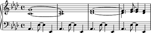 {
\new PianoStaff <<
\new Staff <<
\new Voice \relative c'' {
\set Score.tempoHideNote = ##t \tempo 4 = 172
\clef treble \key aes \major \time 4/4
\voiceOne g1( es) f~ f4. <es g>8~ <es g>4 <des f>
}
\new Voice \relative c' {
\clef treble \key aes \major \time 4/4
\voiceTwo c1~ c des~ des4.
}
>>
\new Staff <<
\relative c {
\clef bass \key aes \major \time 4/4
aes4. es'8~ es4 es,
aes4. es'8~ es4 es,
aes4. es'8~ es4 es,
aes4. es'8~ es4 es,
}
>>
>> }