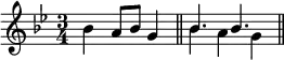 \new Staff <<
\mergeDifferentlyHeadedOn
\mergeDifferentlyDottedOn
\new voice \relative c'' {
\set Score.tempoHideNote = ##t \tempo 4 = 136
\key g \minor
\time 3/4
bes4 a8 bes g4 \bar "||"
\stemDown bes4 a g \bar "||"
}
\new voice \relative c'' {
s2.
\stemUp bes4. bes
}
>>