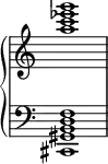 { \new PianoStaff << \new Staff \with { \remove "Time_signature_engraver" } \relative c''' { \clef treble <g' ees c a>1 } \new Staff \with { \remove "Time_signature_engraver" } \relative c { \clef bass <f d b gis cis,> } >> }
