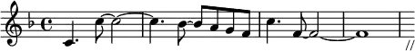 \header{ title = "KNLS/MWV - (an unnamed tune)" }

% KNLS https://www.intervalsignals.net/sounds/als-knls_anchor_point_ak_130724.mp3
% MWV https://www.intervalsignals.net/sounds/mdg-mwv_lightoflife_150416.mp3
\relative{\key f \major c'4. c'8~ 2~ 4. bes8~ 8 a g f c'4. f,8~ 2~ 1 s8_"//"}
\midi{\tempo 4=130 \set Staff.midiInstrument = "electric piano 2"}
