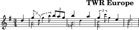 \header{tagline=##f title="TWR Europe"}
% https://www.intervalsignals.net/sounds/mco-twr_europe.mp3
#(define (mag mus) #{ \stemDown \magnifyMusic 0.7{#mus } \stemUp #})
m = \applyMusic #mag \etc
common = {\key g \major \time 3/4 \partial 4}
\score{
\relative<<{
  \common d''4 \tuplet 3/2 4{g4 \m{d8 g4 b8} b a g} b4 \m{d,} a'
  \tuplet 3/2 4{g4 \m{c8}} \m{g4} e d2.
}\\ \magnifyMusic 0.6{
  \common s4 <g, b>2. <f g b> <e g c> <g b>
}>>
\layout{indent=#0 line-width=#120 }
\midi{\tempo 4=110 \set Staff.midiInstrument = "vibraphone"}
}

