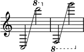  { \override Score.TimeSignature #'stencil = ##f  c2 \glissando \ottava #1 d''''2  \ottava #-1 f,2 \glissando g''2 } 