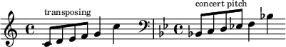  \relative {
    \cadenzaOn
    \clef treble \key c \major
    c'8[ ^ \markup \tiny "transposing" d e f] g4 c
    \hide r4 \bar "|"
    \clef bass \key bes \major \time 4/4
    bes,,!8[ ^ \markup \tiny "concert pitch" c d ees!] f4 bes!
  }
