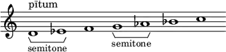 \new Staff \with { \consists Horizontal_bracket_engraver \remove "Time_signature_engraver" \remove "Bar_engraver" }
\relative c' {
d1^"pītum" -\tweak HorizontalBracketText.text "semitone" \startGroup es\stopGroup f g -\tweak HorizontalBracketText.text "semitone"\startGroup as\stopGroup bes c }