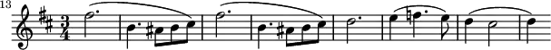 

\relative c'' {

  \key b \minor
  \time 3/4
  \clef treble
  \set Staff.midiInstrument = "oboe"
  \set Score.currentBarNumber = #13
  \bar ""
  fis2.( | b,4. ais8 b cis) | fis2.( | b,4. ais8 b cis) | d2. | e4( f4. e8) | d4( cis2 | d4)
}