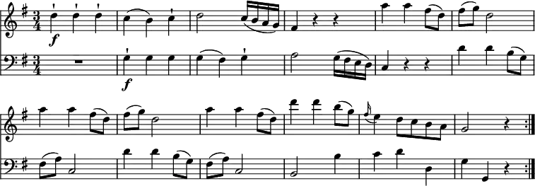 
\header { tagline = ##f }
\paper { #(set-paper-size "a4") }
\layout { indent = 0 \context { \Score \remove "Bar_number_engraver" } }

global = { \key g \major \time 3/4 }

violin = \relative c'' { \global \set Score.midiInstrument = "string ensemble 1"
  \repeat volta 2 { d4-!\f d-! d-! | c (b) c-! | d2 c16 (b a g) | fis4 r r |
  a' a fis8 (d) | fis (g) d2 | a'4 a fis8 (d) | fis (g) d2 |
  a'4 a fis8 (d) | d'4 d b8 (g) | \grace fis16 (e4) d8 c b a | g2 r4 }
}

cello = \relative c' { \global \clef bass
  \repeat volta 2 { R2. | g4-!\f g g | g (fis) g-! | a2 g16 (fis e d) |
  c4 r r | d' d b8 (g) | fis (a) c,2 | d'4 d b8 (g) | fis (a) c,2 |
  b b'4 | c d d, | g g, r }
}

\score {
  <<
    \new Staff \violin
    \new Staff \cello
  >>
  \layout { }
}
\score { \unfoldRepeats { << \violin \\ \cello >> }
  \midi { \tempo 4=120 }
}
