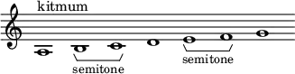 \new Staff \with { \consists Horizontal_bracket_engraver \remove "Time_signature_engraver" \remove "Bar_engraver" } \relative c' {
a1^"kitmum" b -\tweak HorizontalBracketText.text "semitone" \startGroup c\stopGroup d e-\tweak HorizontalBracketText.text "semitone"\startGroup f\stopGroup g }