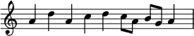 \header{ title = "NRK – Pausesignalet" }

% https://www.intervalsignals.net/sounds/nor-z-radio_norway_1966.mp3
\relative{
  \time 9/4 \omit Staff.TimeSignature a' d a c d c8 a8 b8 g8 a4*2
}
\midi{\tempo 4=86 \set Staff.midiInstrument = "celesta"}
