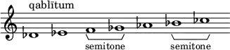 \new Staff \with { \consists Horizontal_bracket_engraver \remove "Time_signature_engraver" \remove "Bar_engraver" }
\relative c' {
des1^"qablītum" es f -\tweak HorizontalBracketText.text "semitone"\startGroup ges\stopGroup as bes-\tweak HorizontalBracketText.text "semitone"\startGroup ces\stopGroup }
